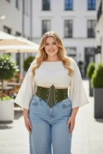 Plus Size Khaki Women's Corset Belt, Thick Waist Accessory with Stud Detail - SH905