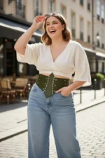 Plus Size Khaki Women's Corset Belt, Thick Waist Accessory with Stud Detail - SH905 - Image 2