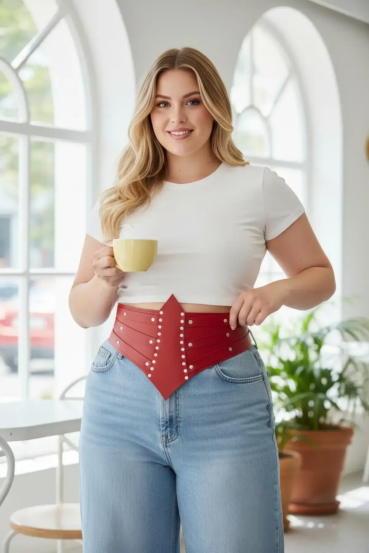 Plus Size Red Women's Belted Corset with Stud Details - SH905
