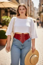 Plus Size Red Women's Belted Corset with Stud Details - SH905 - Image 3