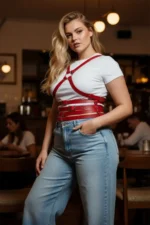 Plus Size Red Women's Belted Shoulder Strap Leather Corset Look - SH911 - Image 4