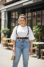 Plus Size Black Women's Leather Belt Harness Style Body Accessory with Ring Detail - SH934