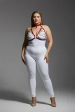 Plus Size Red Women's Harness Set with Chain Detail and Fancy Choker Collar - SH945