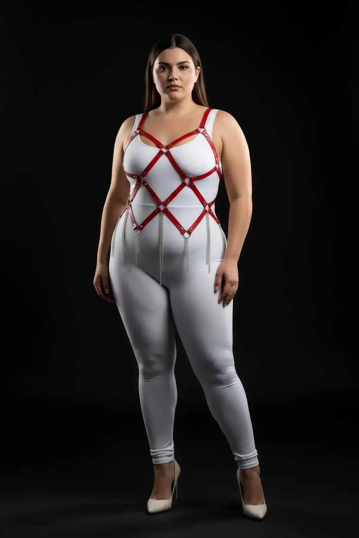 Plus Size Red Women's Leather Harness Set with Chain Detail Fantasy Accessory - SH950