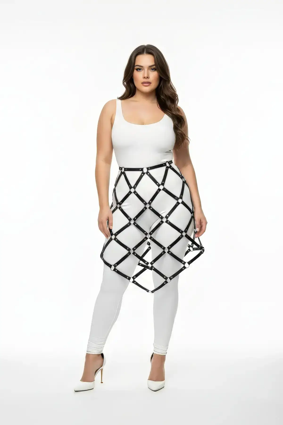 Siyah Deri Büyük Beden Kafes Detaylı Harness Etek SH982