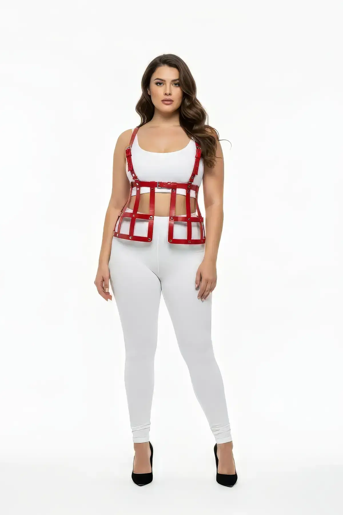 Kırmızı Büyük Beden Harness Detaylı Deri Etek SH983