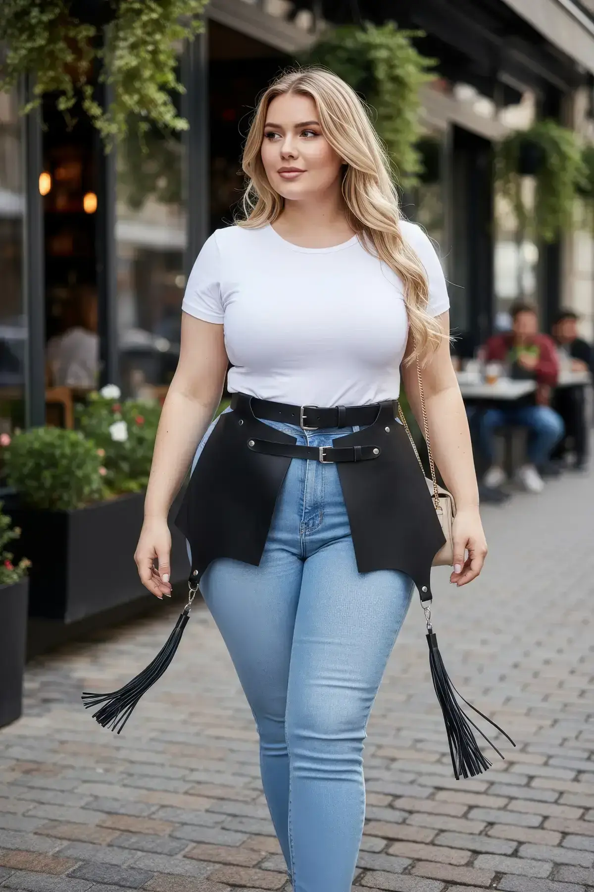 Plus Size Black Leather Belt Corset Style Skirt with Tassel Detail - SH985