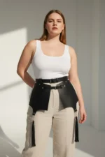 Plus Size Black Leather Belt Corset Style Skirt with Tassel Detail - SH985 - Image 3