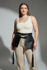 Plus Size Black Leather Belt Corset Style Skirt with Tassel Detail - SH985 - Image 5