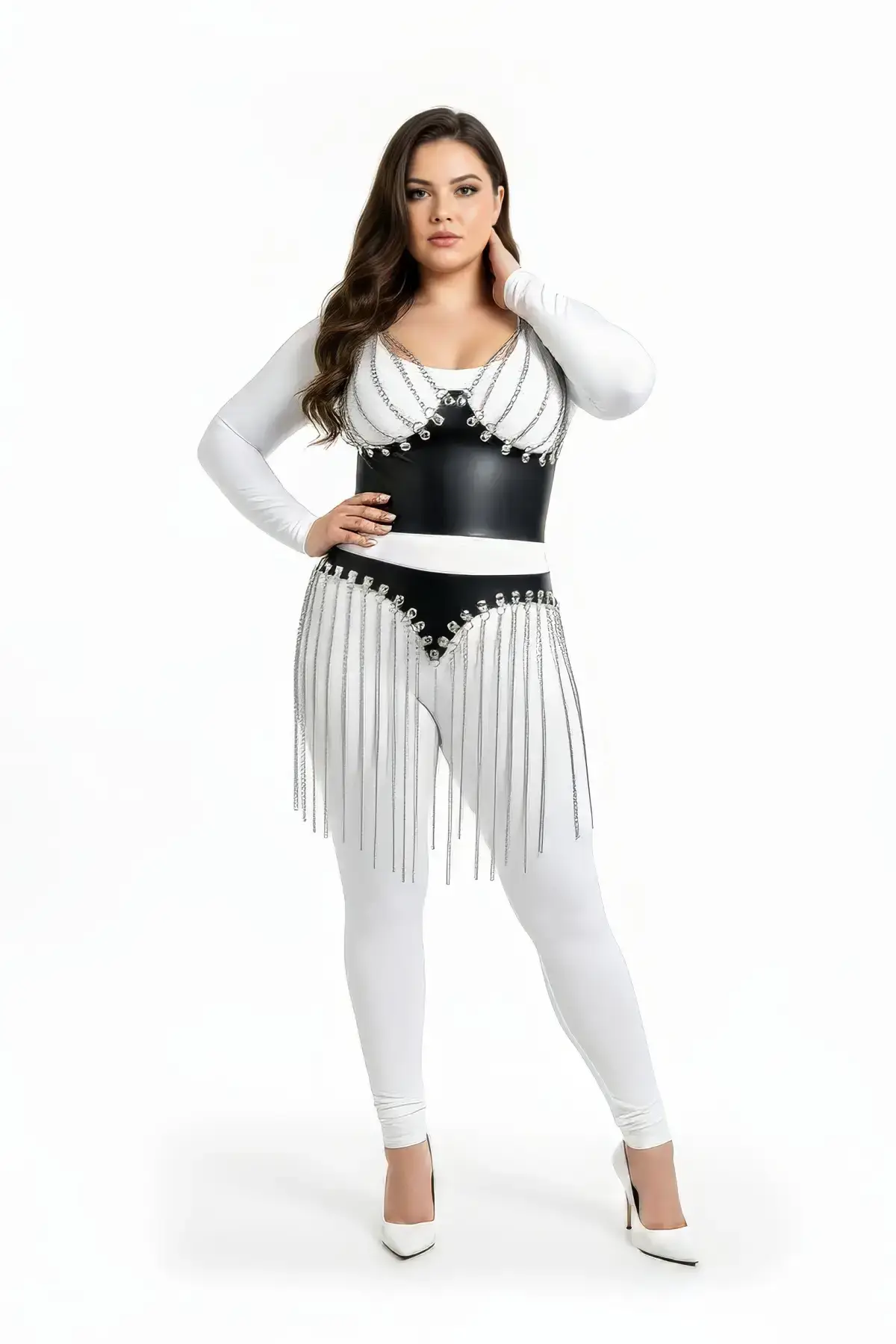 Büyük Beden Siyah Zincir Püskül Detaylı Deri Etek SH994