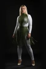 Haki Püskül Detaylı Büyük Beden Uzun Deri Etek SH997 - Image 3