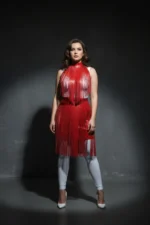 Büyük Beden Kırmızı Yüksek Bel Püsküllü Deri Etek SH997 - Image 4