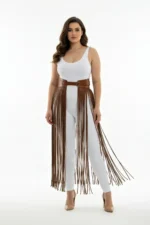 Büyük Beden Kahverengi Uzun Püsküllü Deri Etek SH1003 - Image 2