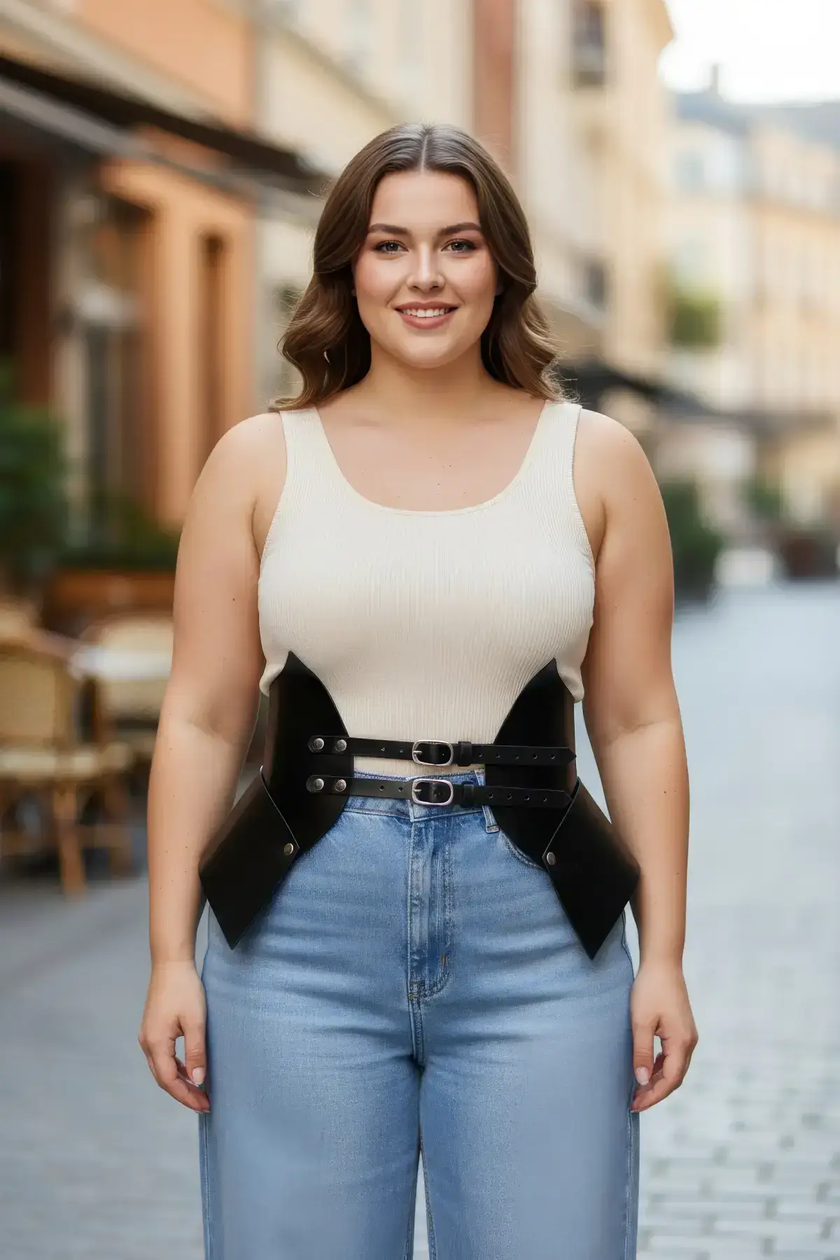 Plus Size Black Women's Leather Corset Belt Set - SH1010