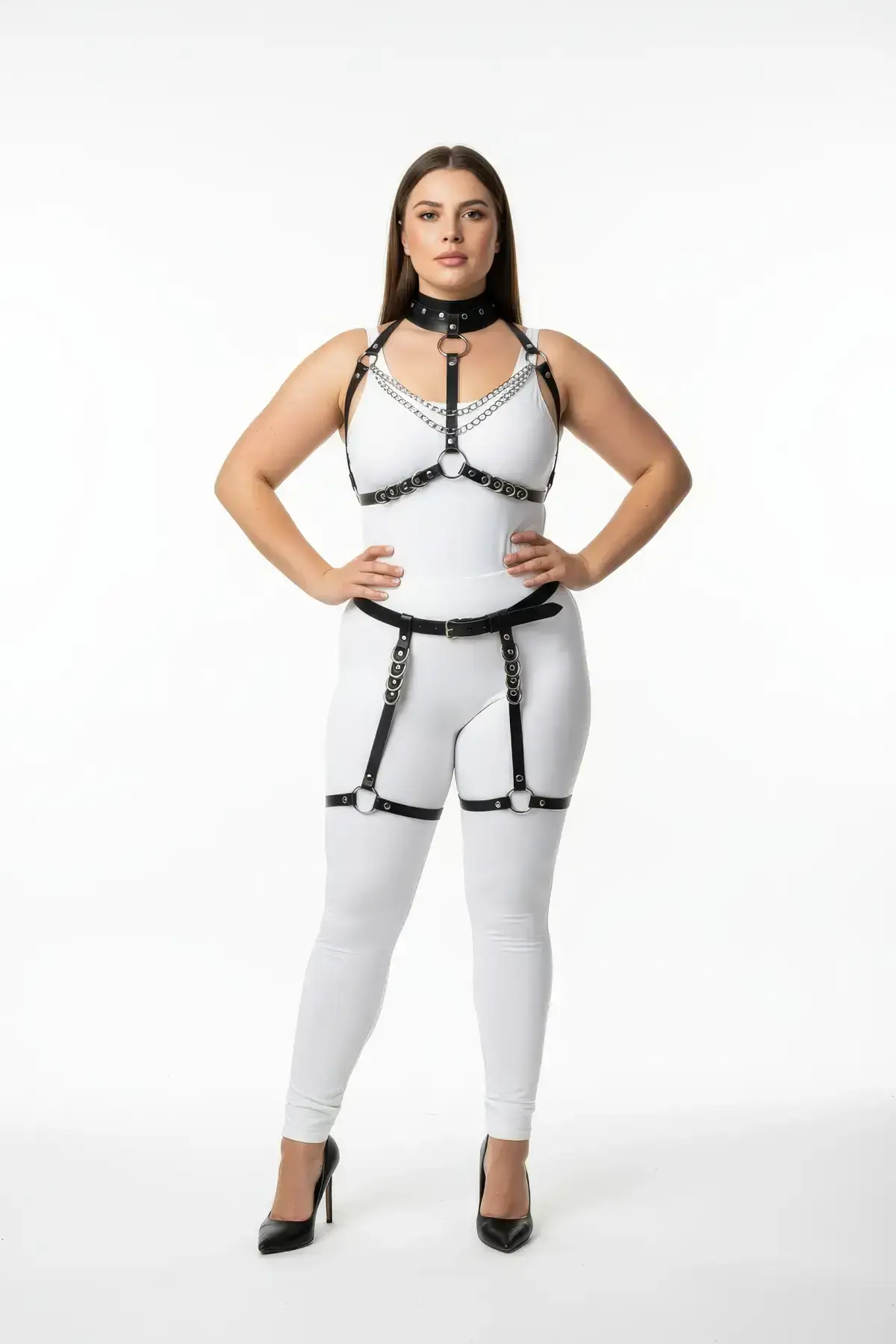 Plus Size Black Women's Leather Harness Set with Chain and Ring Details and Garter Belt - SH1081