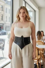 Plus Size Black Women's Wide Waistband Design with Belt and Stud Detail - SH1087