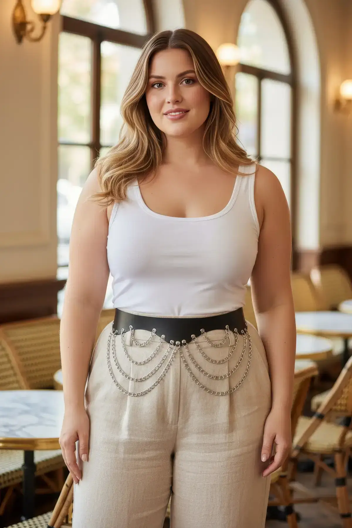 Plus Size Black Women's Wide Leather Belt with Chain Detail - SH1096