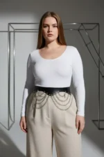 Plus Size Black Women's Wide Leather Belt with Chain Detail - SH1096 - Image 2