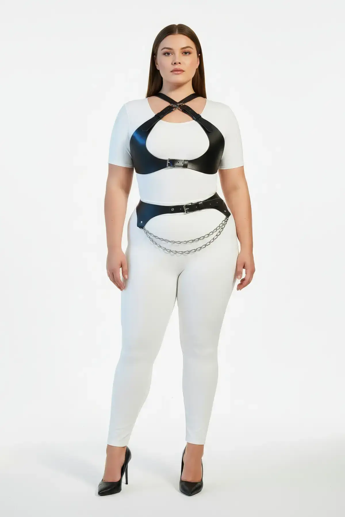 Plus Size Black Women's Harness Set with Chain Detail and Leather-Look Accessory - SH1164