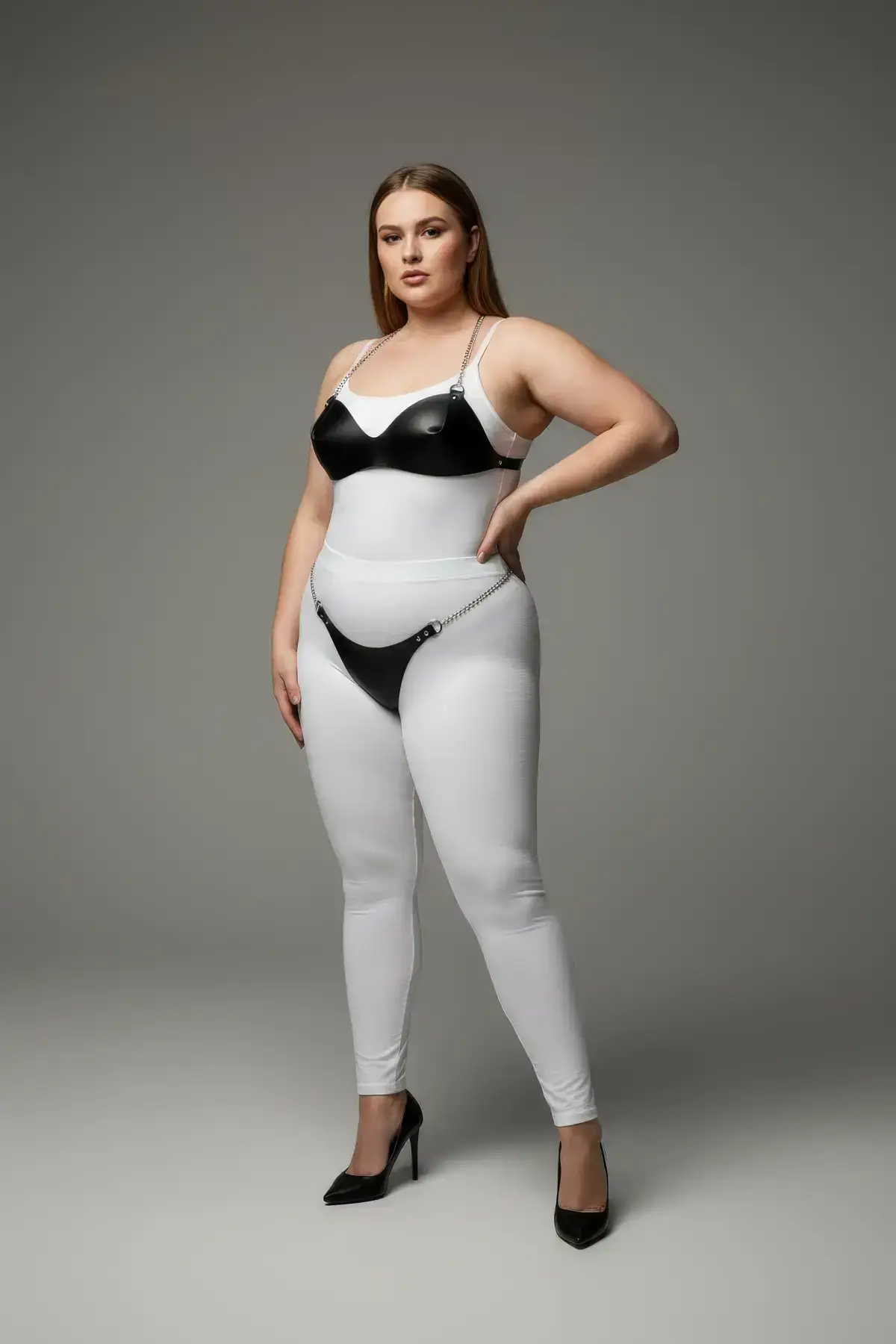 Plus Size Black Women's Harness Set with Chain Detail, Fancy Leather Look - SH1169