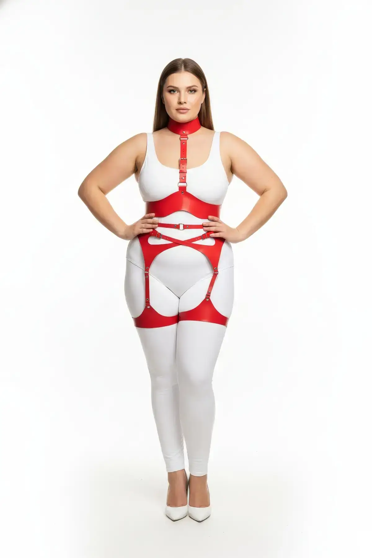 Plus Size Red Women's Leather Garter Fantasy Harness Set - SH1196