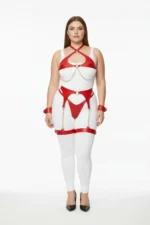 Plus Size Red Women's Leather Harness Set with Chain Detail and Garter Belt - SH1219