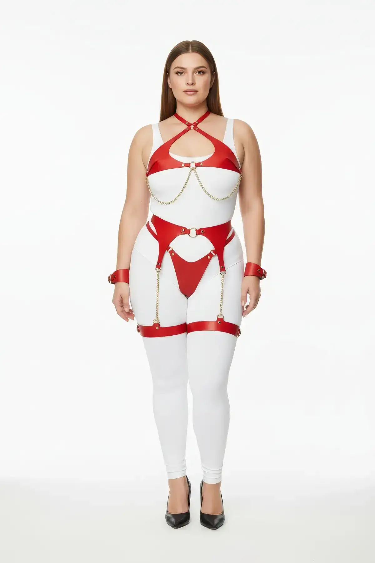 Plus Size Red Women's Leather Harness Set with Chain Detail and Garter Belt - SH1219