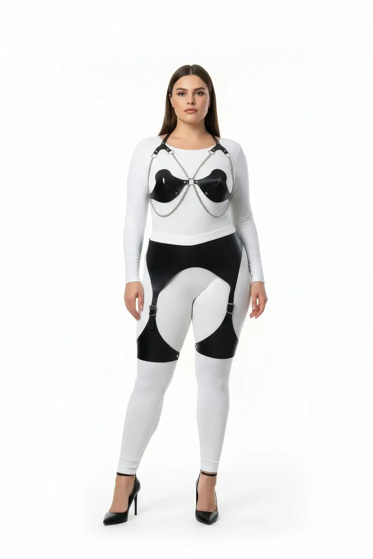 Plus Size Black Women's Harness Set with Chain and Garter Details - SH1220