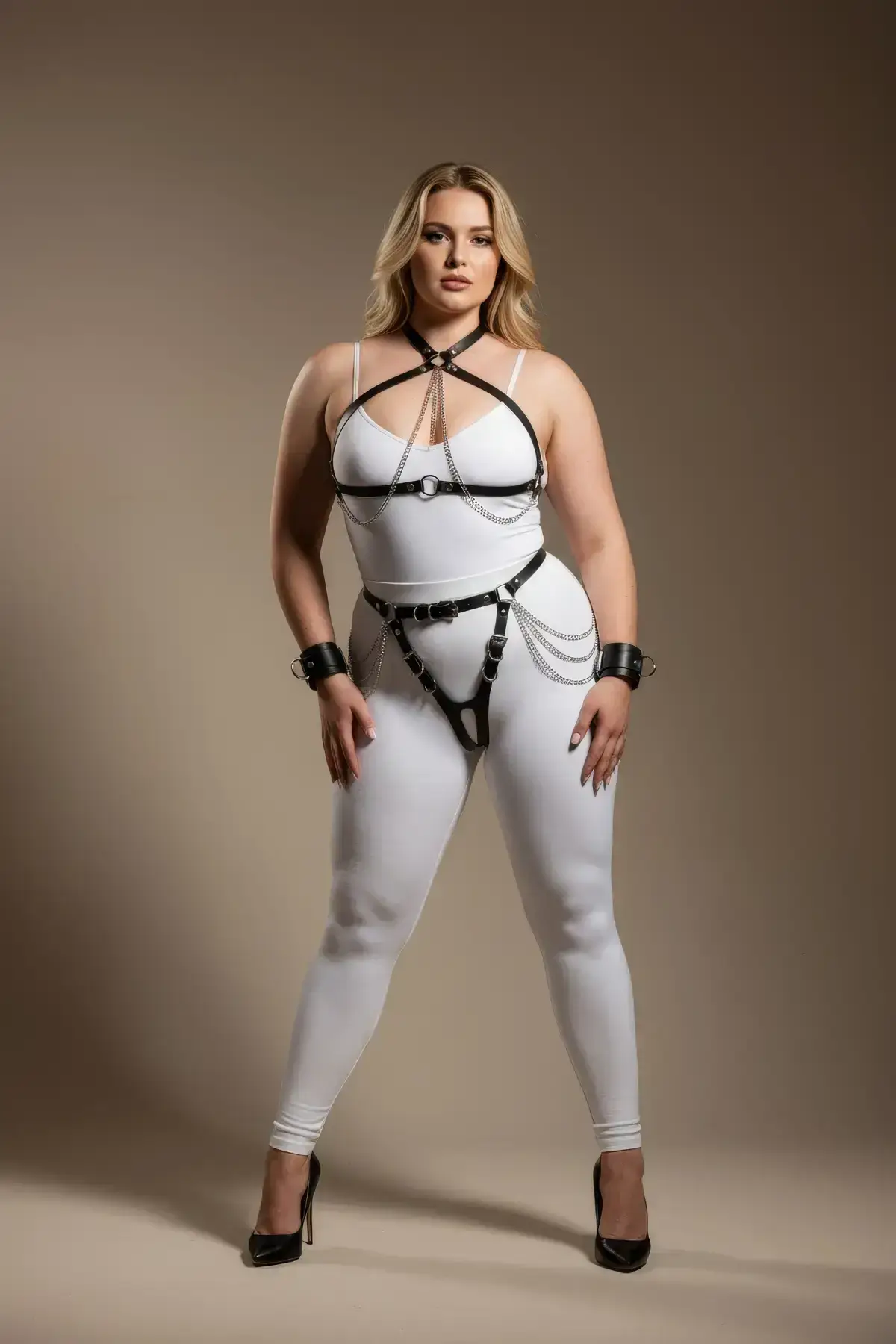 Plus Size Black Women's Leather Harness Set with Chain and Garter Details - SH1224