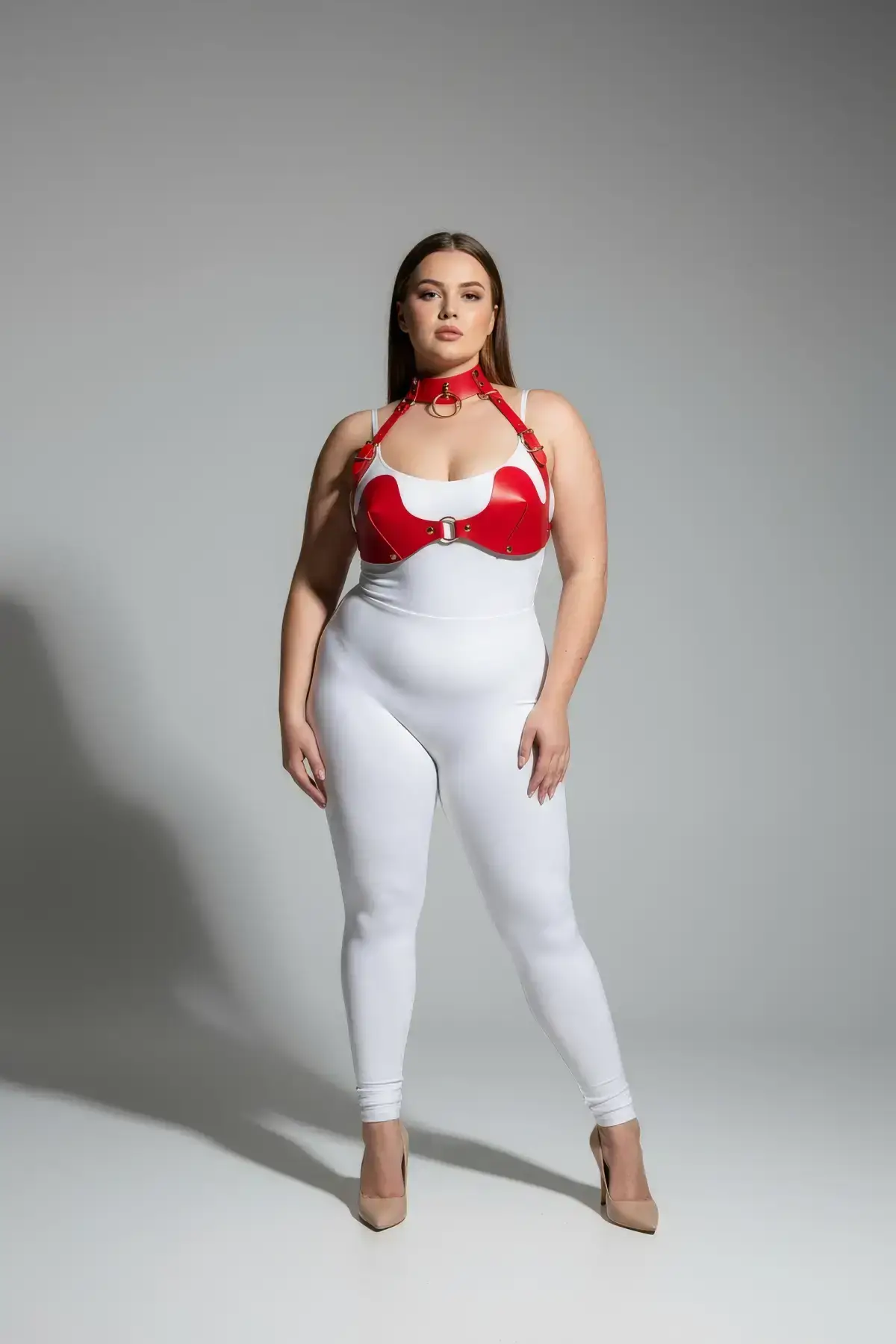 Plus Size Red Women's Harness Set Leather Bra with Ring Detail Fantasy Accessory - SH1226