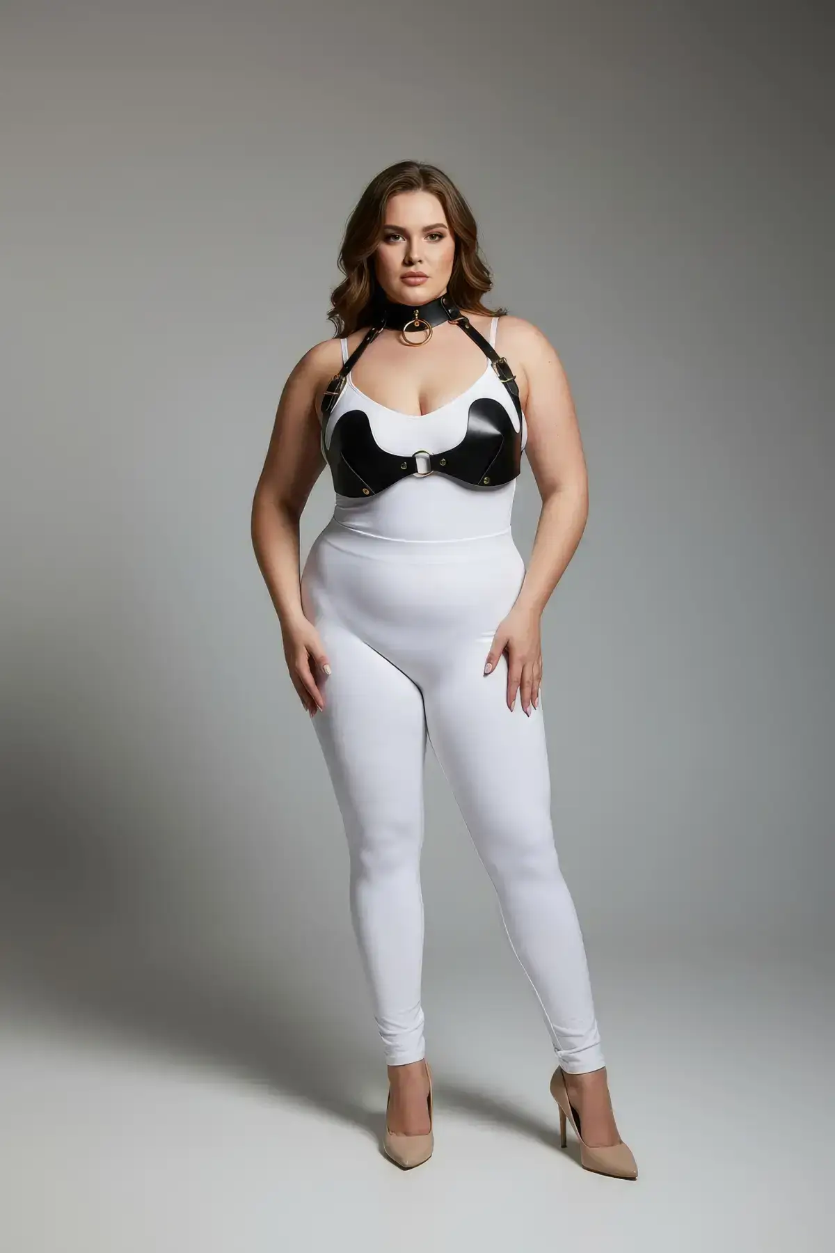 Plus Size Black Women's Harness Set with Bust and Choker Detail, Sexy Leather - SH1226