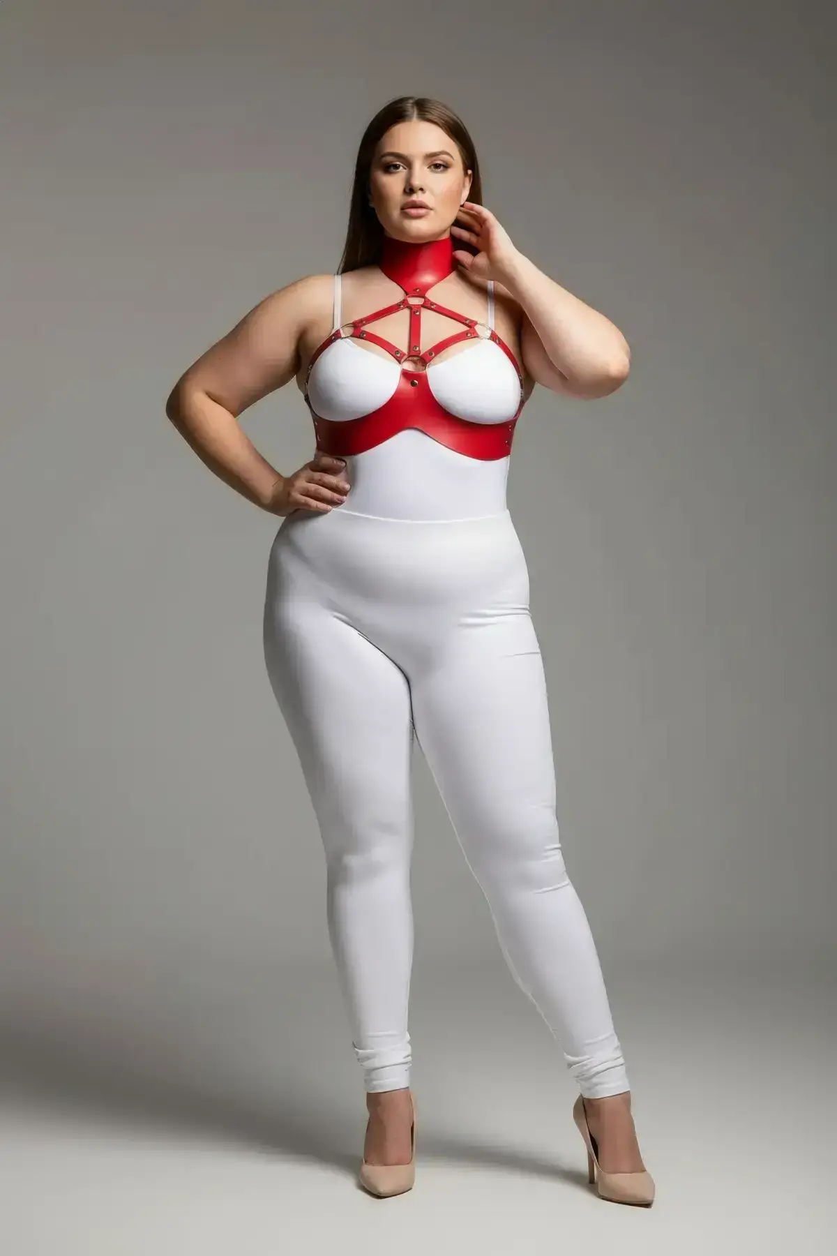 Plus Size Red Women's Harness Set with Neck Detail, Leather Fantasy - SH1237