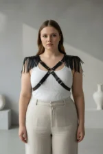 Plus Size Black Women's Leather Belt Harness Body Accessory with Shoulder Tassel Detail - SH1240 - Image 3