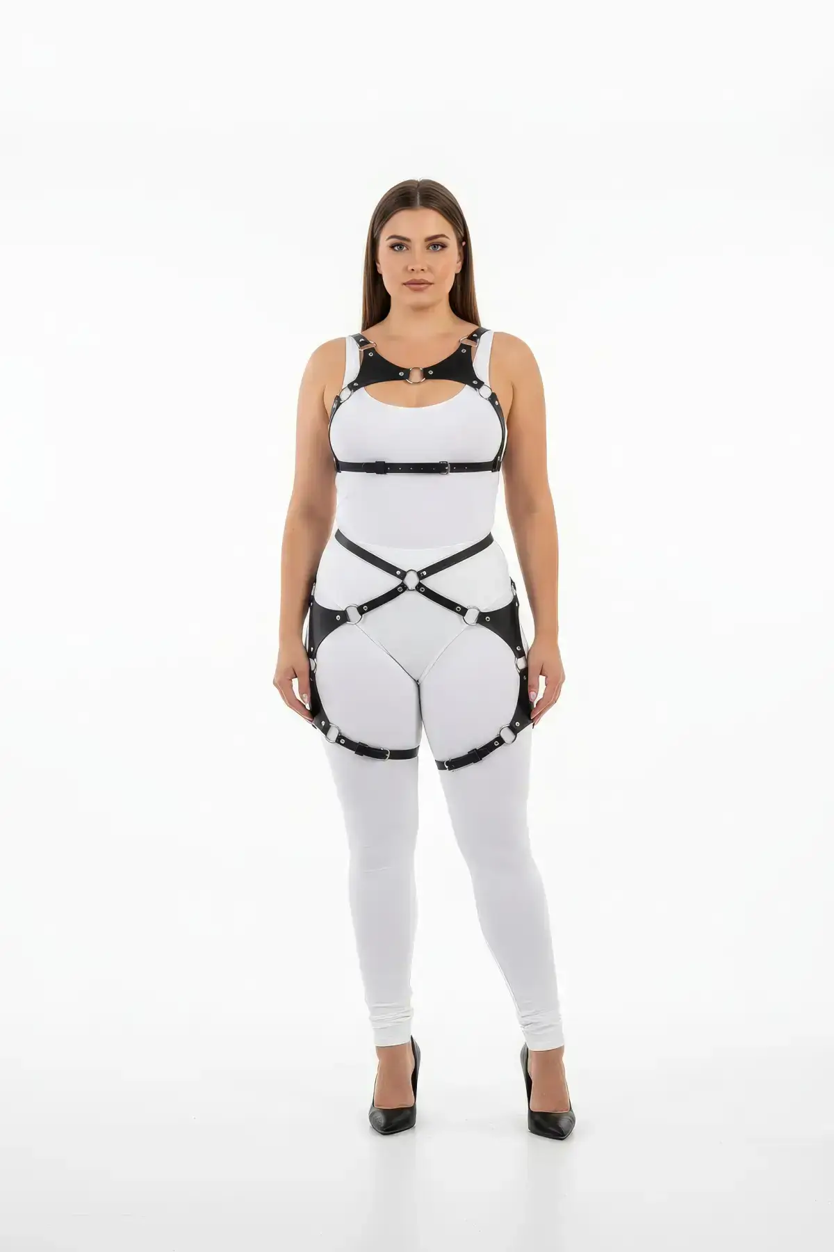 Plus Size Black Women's Harness Set with Ring Detail Leather Fantasy Lingerie - SH1253