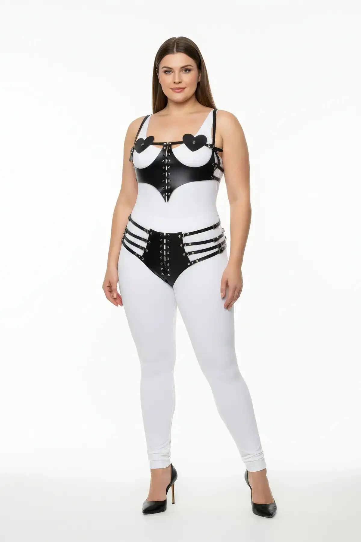 Plus Size Black Women's Harness Set with Heart Detail, Lace-up, Fancy Leather Set - SH1256