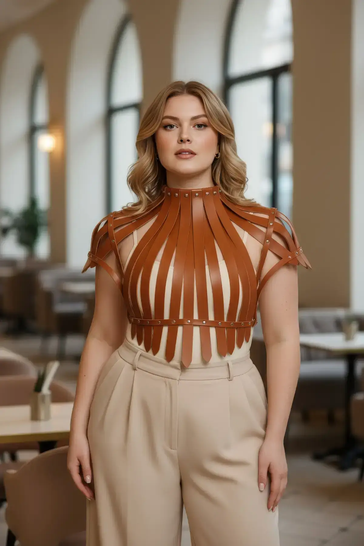 Plus Size Women's Belted Shoulder Strap Corset Design with Stud Detail - SH1257