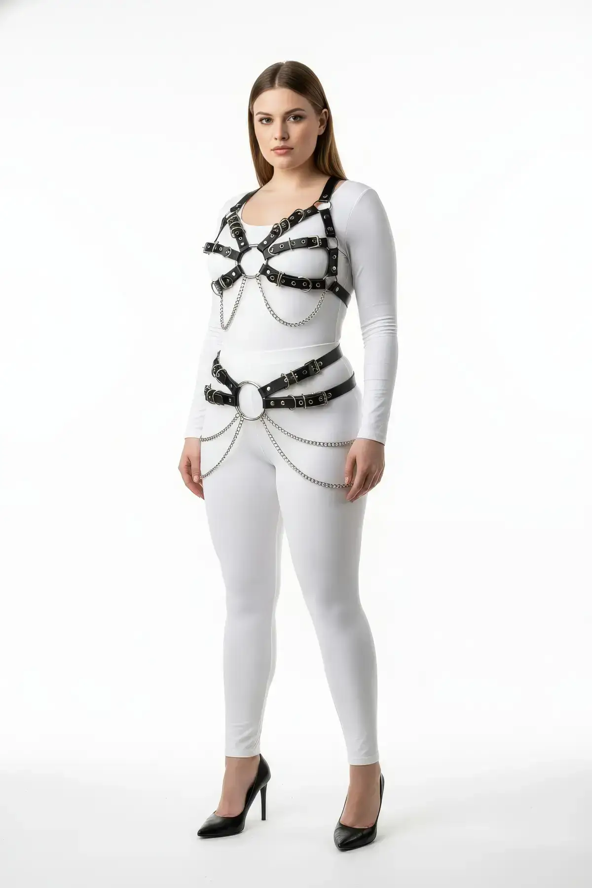 Plus Size Black Women's Harness Set with Chain and Ring Detail Fantasy Accessory - SH1260