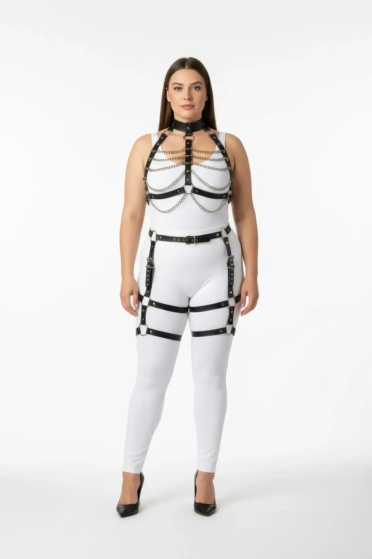 Plus Size Black Women's Harness Set with Chain Detail and Garter Belt - Leather Set - SH1262