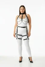 Plus Size Black Women's Harness Set with Chain Detail and Garter Belt - Leather Set - SH1262 - Image 2