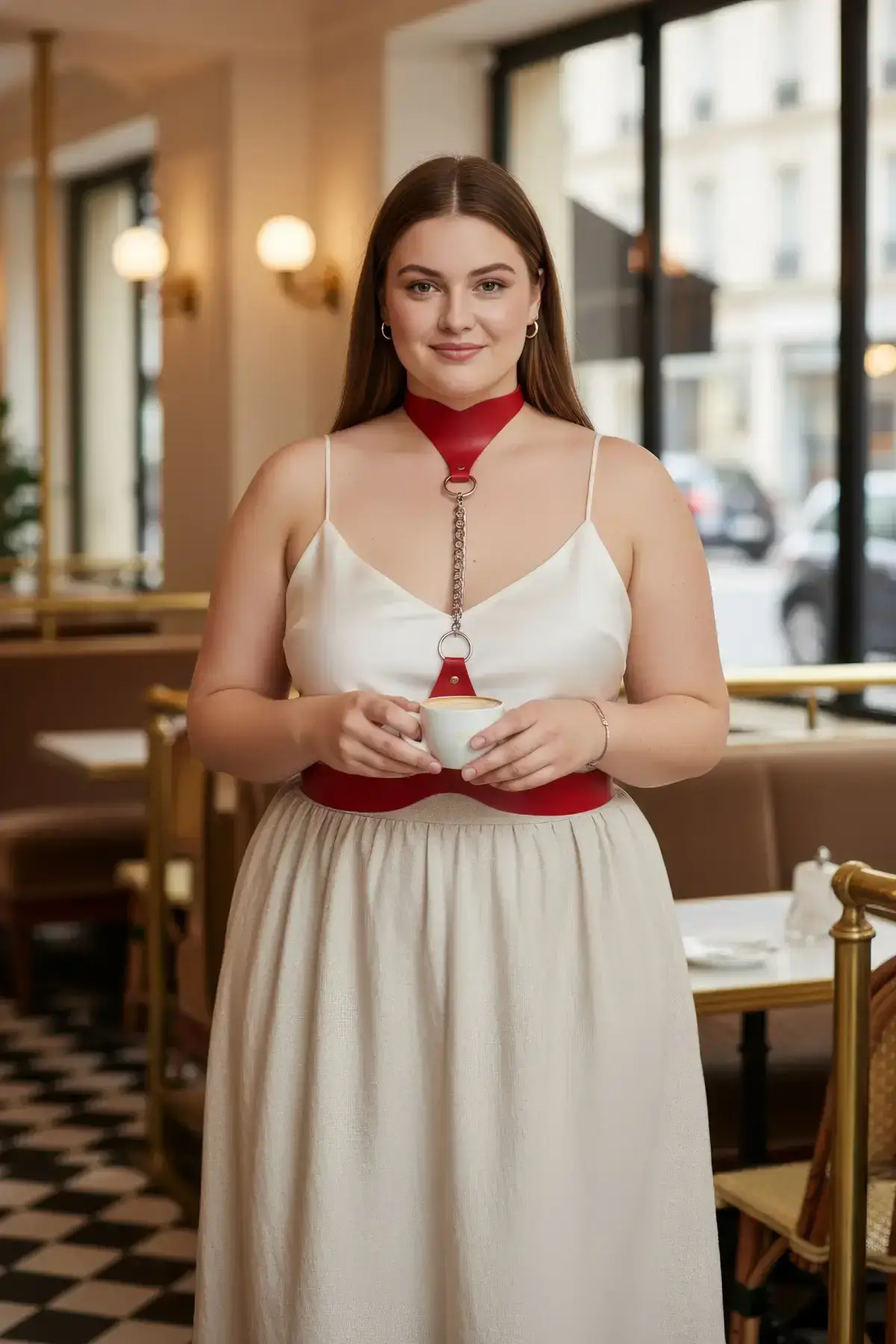 Plus Size Red Women's Leather Body Accessory with Belt and Chain Detail - SH1265