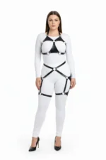 Plus Size Black Women's Leather Harness Set with Ring Detail and Garter Belt - SH1272