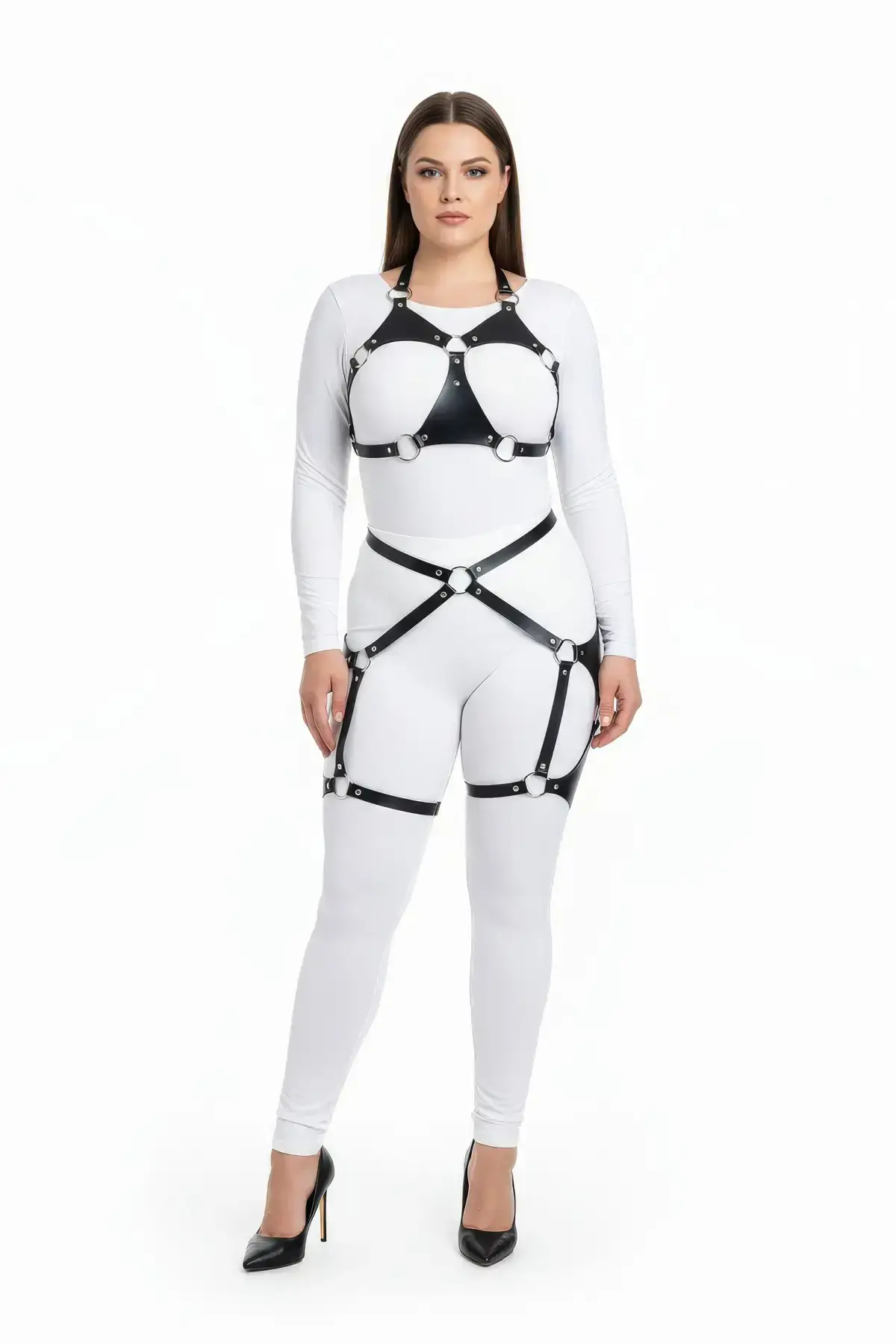 Plus Size Black Women's Leather Harness Set with Ring Detail and Garter Belt - SH1272