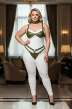 Plus Size Khaki Women's Harness Set with Leather Bra, Collar and Ring Details Fantasy Accessory - SH1298 - Image 3