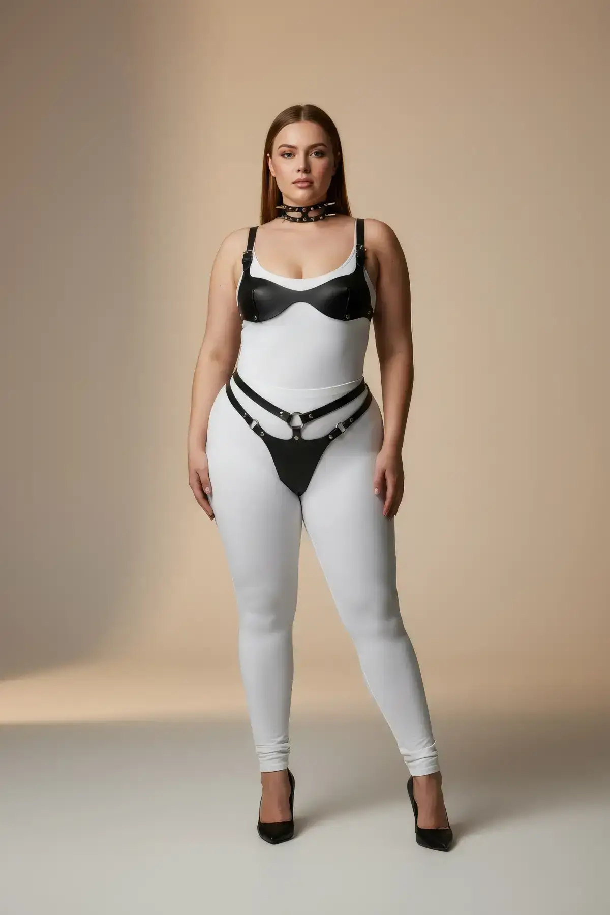 Plus Size Black Women's Leather Harness Set with Leash and Ring Detail Fantasy Accessory - SH1298