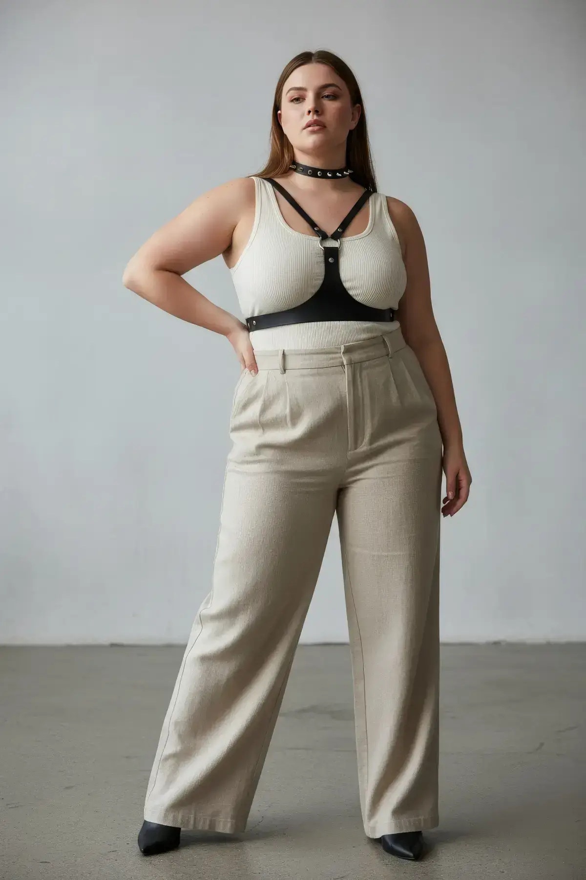 Plus Size Black Women's Leather Harness Body Accessory with Stud Detail - SH1299