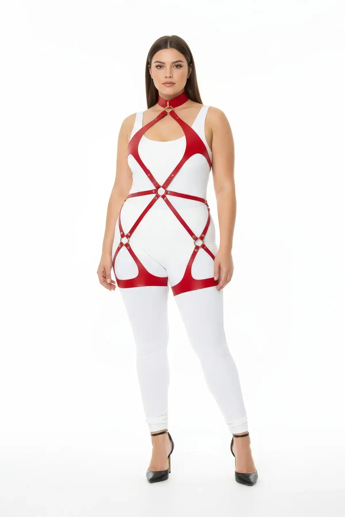 Plus Size Red Women's Leather Harness Set with Ring Detail Fantasy Body Accessory - SH1331