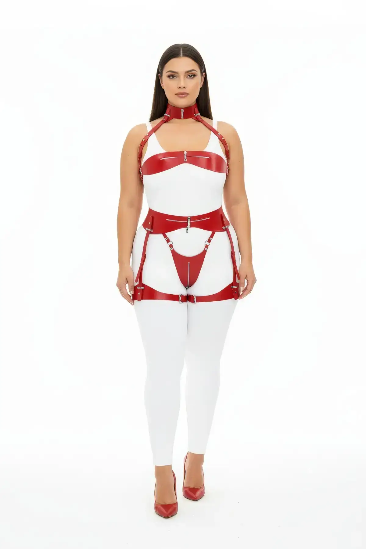 Plus Size Red Women's Leather Harness Set with Garter, Fantasy Accessory - SH1373