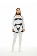 Plus Size Black Women's Leather Harness Set with Garter, Fantasy Body Accessory - SH1373