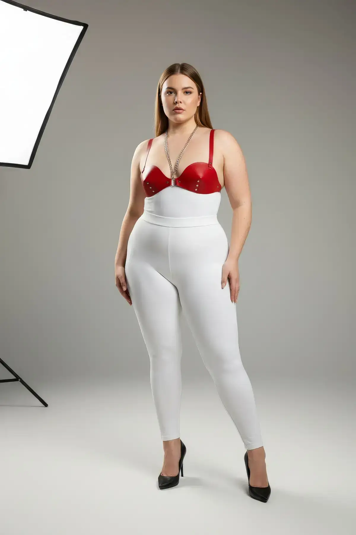 Plus Size Red Women's Leather Harness Set with Chain and Stud Details Fantasy Bra Accessory - SH1380