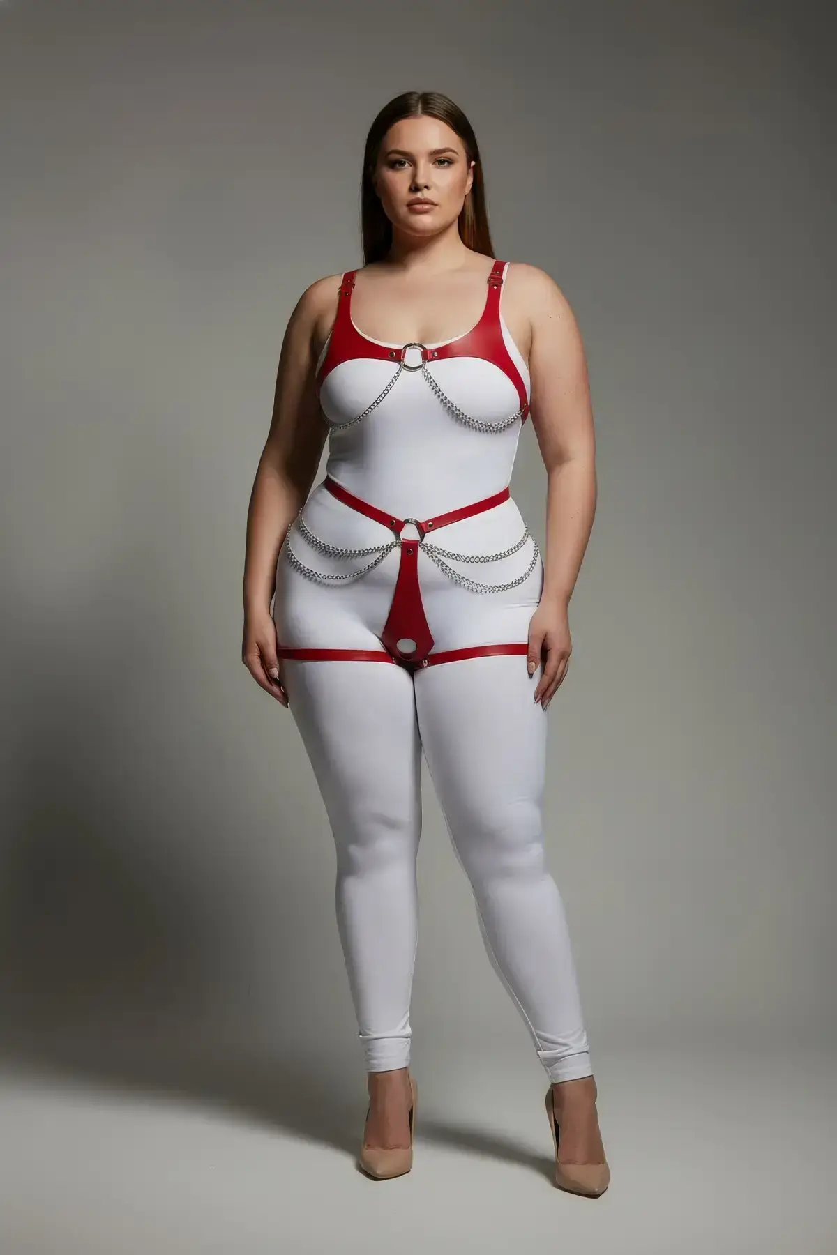 Plus Size Red Women's Leather Harness Set with Chain Detail Body Accessory - SH1384